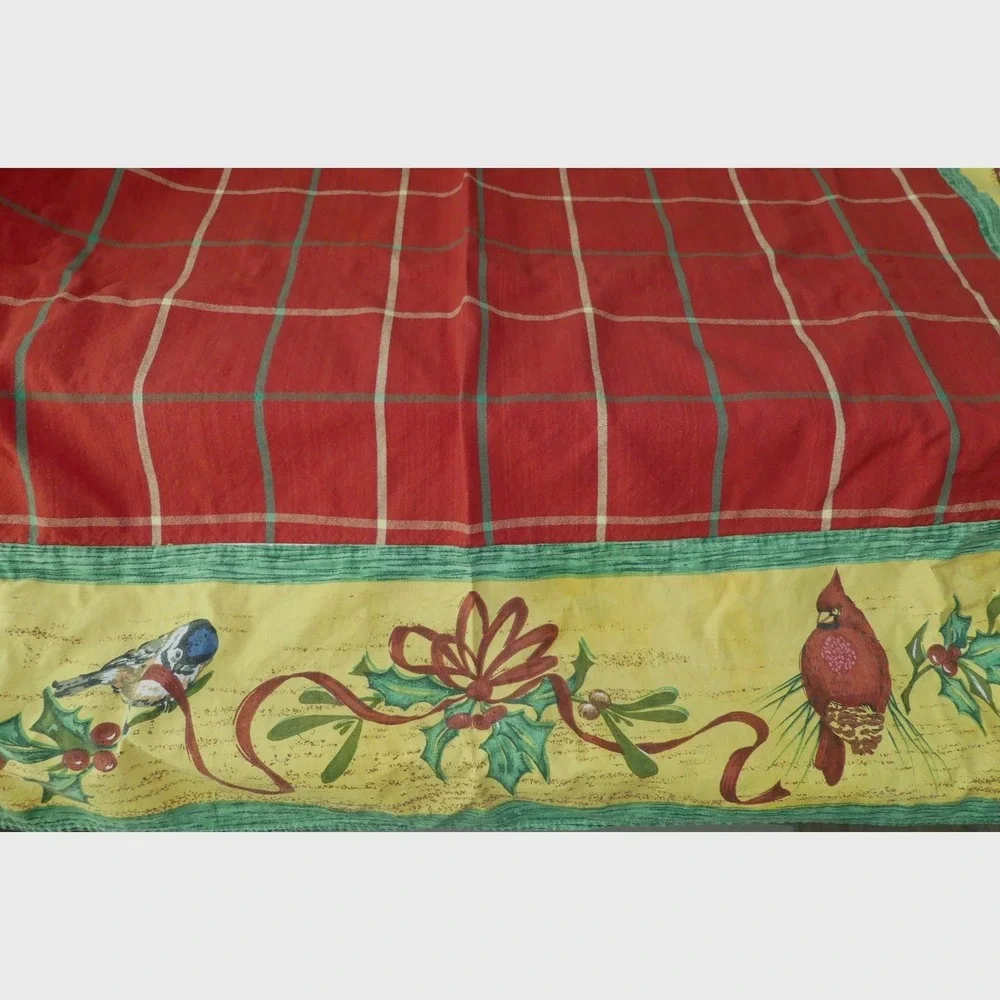 Christmas Cardinal Chickadee Plaid Tablecloth Square Red Yellow Holiday Festive